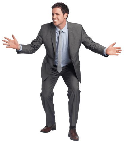 Cheerful Businessman in Suit with Arms Raised Transparent