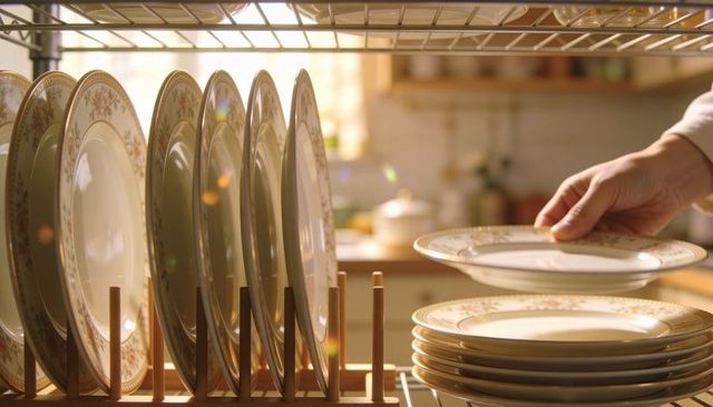 Hand placing sunlit floral china on wooden rack while stacking plates in warm kitchen