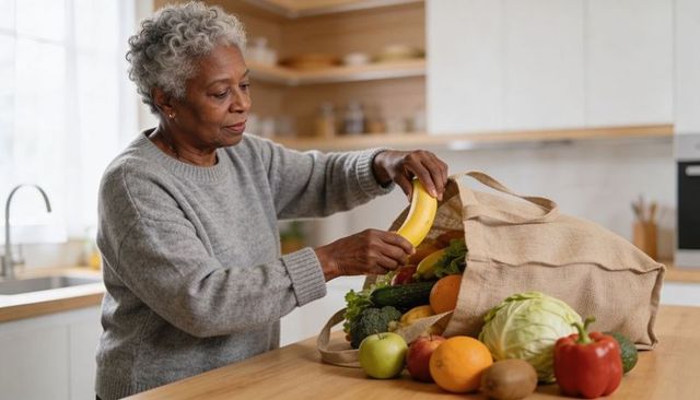 Senior woman unpacking groceries from reusable tote on sunlit kitchen counter sorting fresh fruit