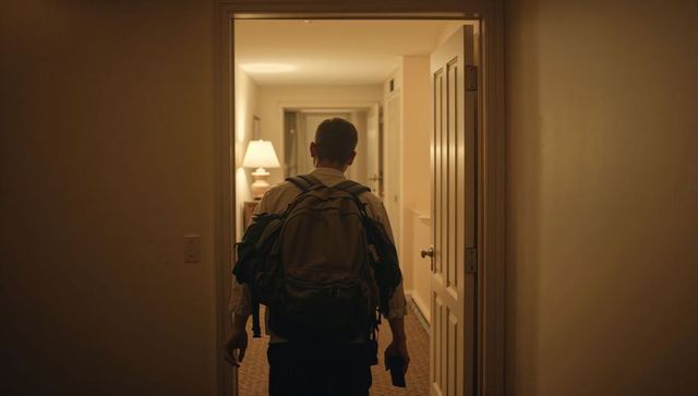 Solo traveler walking into warm hotel room carrying backpack and phone at night
