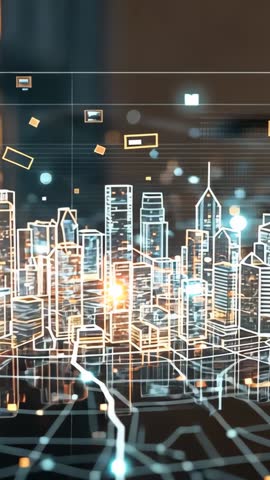 Vertical HUD showing grid materializing on desk with wireframe city rising and floating data icons