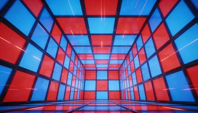 Glowing red blue neon grid corridor leading to vanishing point in futuristic cubic chamber