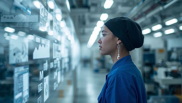 Asian Engineer Analyzing Holographic Data on Touchscreen in High-Tech Manufacturing Lab