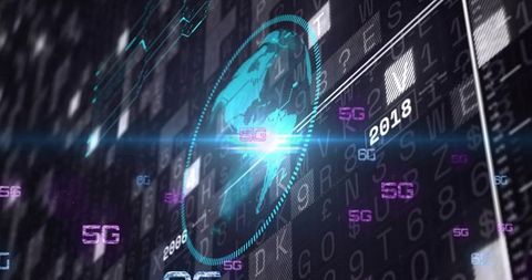 Holographic rotating globe on futuristic 5g data hud with digital grid and tech interface