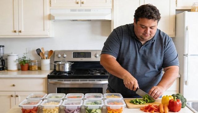 Man chopping vegetables on kitchen island preparing meal prep with storage containers