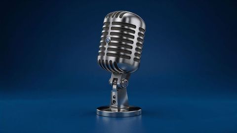 Retro silver microphone on stand in press release studio setting