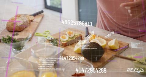 Preparing avocado toast with soft boiled eggs and augmented reality overlay