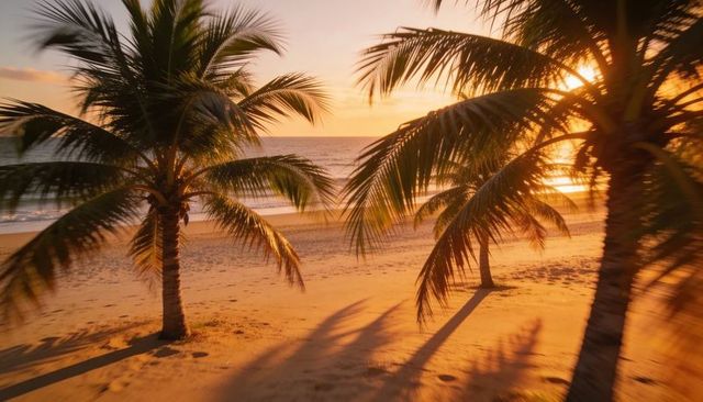 Sun sinking behind palm trees casting long diagonal shadows on tropical beach