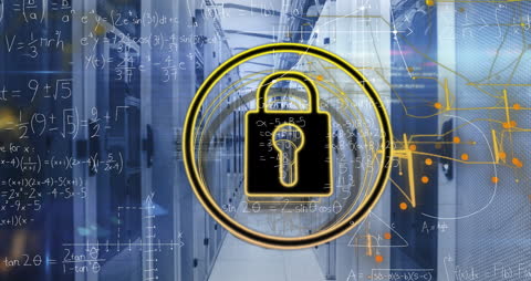 Cybersecurity Padlock Overlaying Server Room with Equations