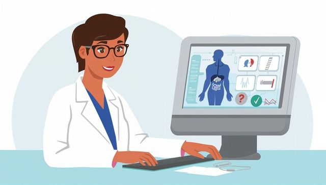 Female doctor typing on keyboard with digital anatomy monitor and ehr workstation
