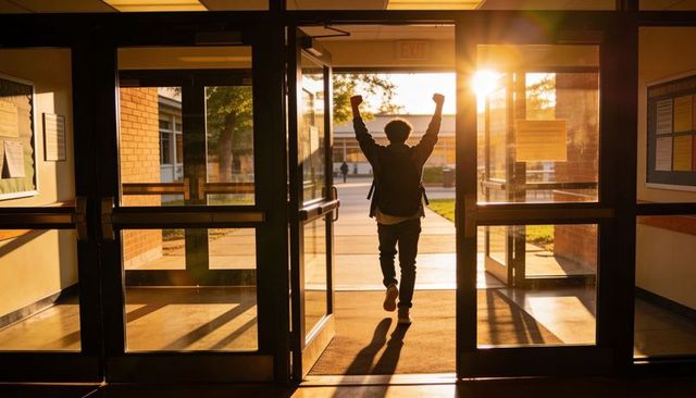 Student celebrating end-of-day walking through school doors at golden hour backlit silhouette