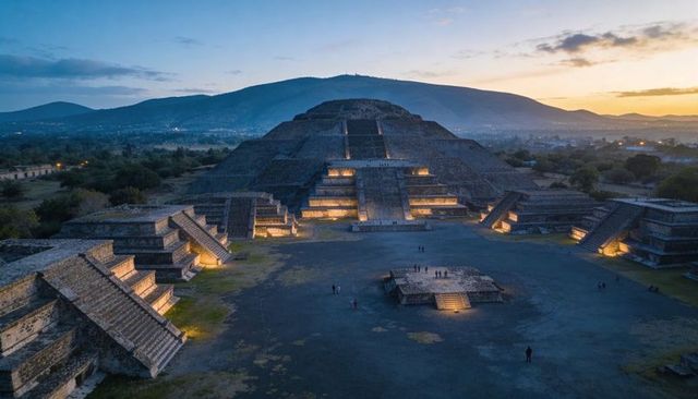 Glowing stepped pyramid at twilight overlooking open plaza with visitors exploring terraces
