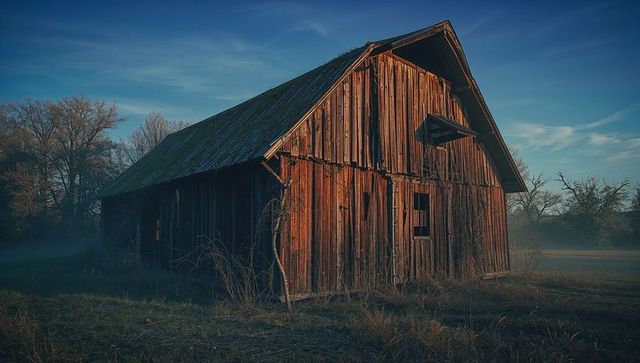 Weathered barn with rusted roof in misty morning light