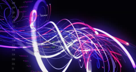 Abstract Light Trails with Code Elements over Dark Background