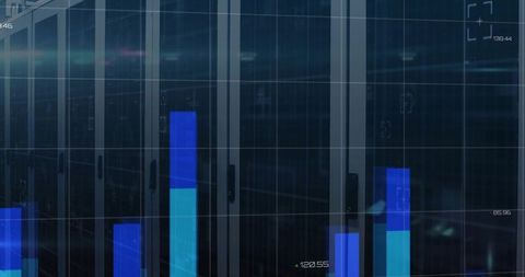 Data Center Racks Showing Blue Analytics Bar Charts with Futuristic HUD Neon Glow Overlay