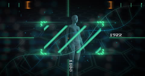 Digital DNA Strand Analysis with Human Figure and Data