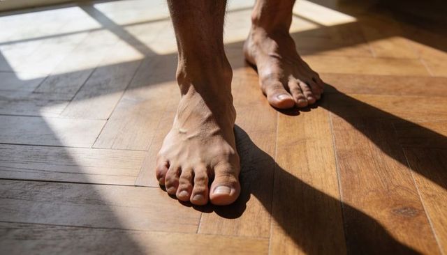 Sunlit Bare Feet on Parquet Floor Showing Veins, Toes and Warm Hardwood Shadows