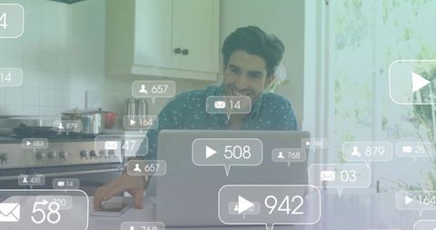 Smiling Man Working from Modern Kitchen with Digital Media Overlays