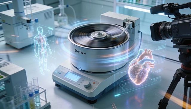 Spinning vontago fast centrifuge with holographic heart showcasing futuristic diagnostics
