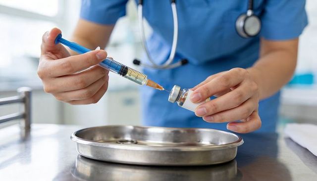 Nurse filling vaccine syringe from vial closeup with stethoscope on counter in clinic