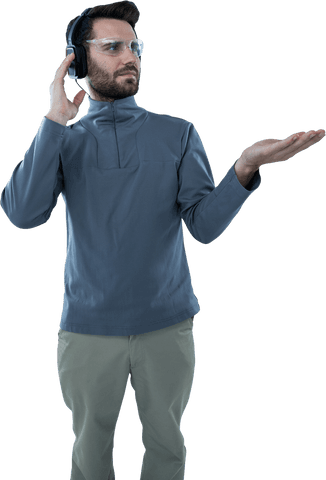 transparent man gesturing with headphones and safety glasses - Download Free Stock Videos Pikwizard.com