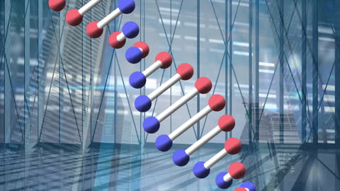 Digital DNA Strand Overlaid on Modern Cityscape