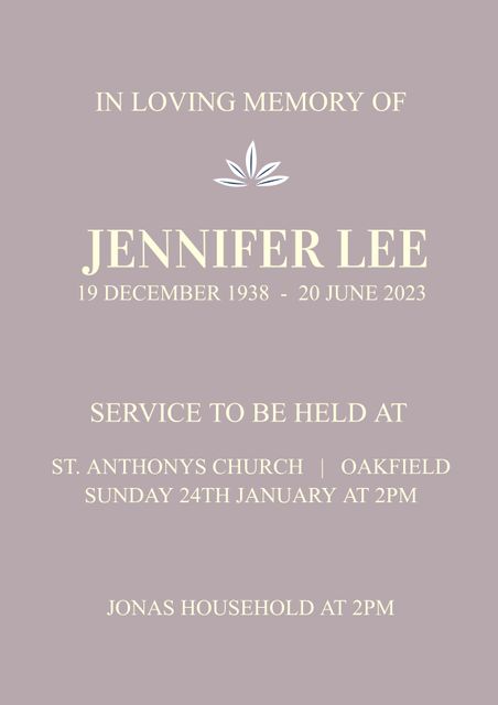 This minimalist memorial service announcement features a soft pastel background with an elegant floral illustration, making it ideal for funeral invitations and tributes. It provides all essential information including service location, date, and time. Suitable for creating serene digital or physical invitation cards, it can be used by families, funeral service providers, or event planners looking to convey sympathy gracefully.