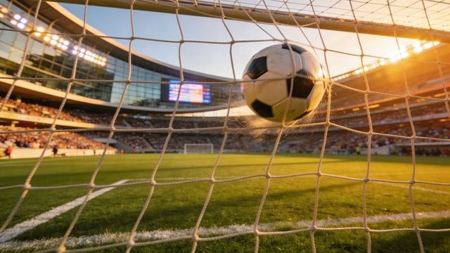 Scoring soccer ball hitting net at golden-hour in packed professional stadium crowd
