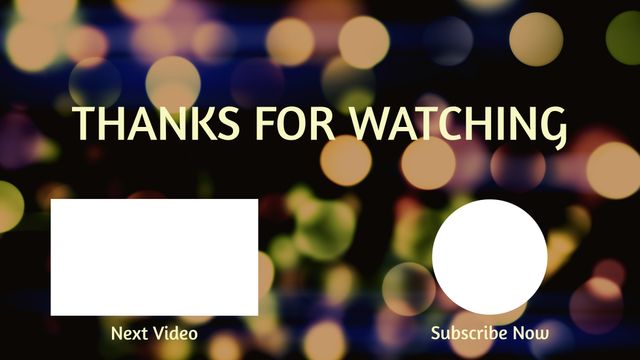Bokeh lights background creates an inviting atmosphere for video outros. 'Thanks For Watching' message prominently displayed with placeholders for the next video and subscription link. Ideal for YouTube channels looking for a professional and appealing way to end videos. Can enhance viewer engagement and direct traffic to additional content and subscriber base.