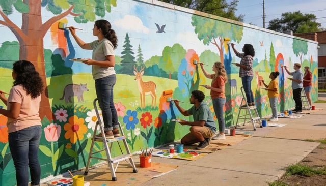 Community volunteers painting vibrant nature mural on urban wall — collaborative public art