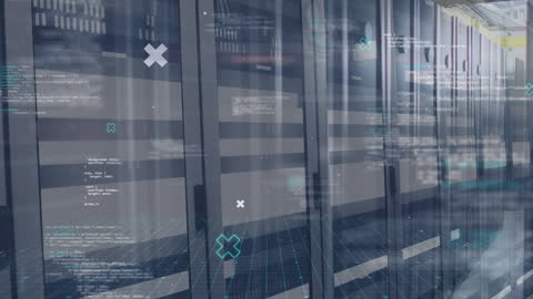 Digital Data Flow in Modern Server Room with Light Trails