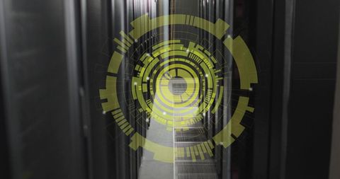 Futuristic data scanners in server room with digital interface