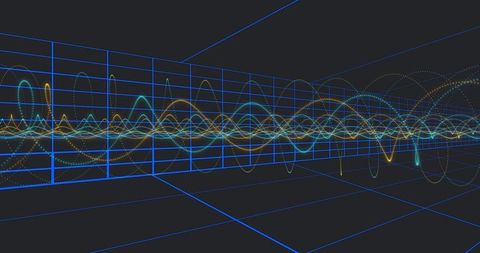 Undulating Neon Waveform Traces Across 3D Wireframe Grid for Futuristic Data Visualization