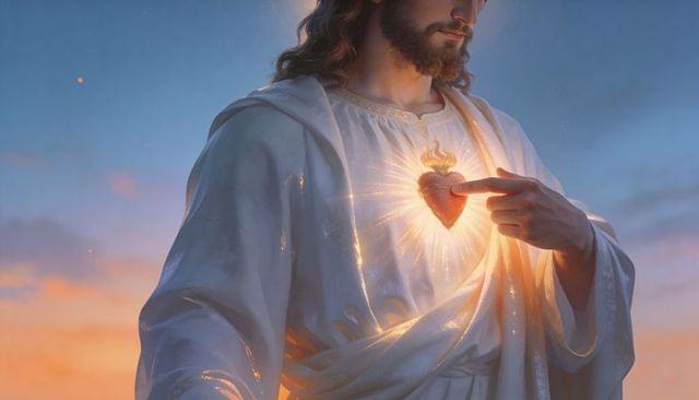 Radiant sacred heart at dawn, bearded man in white gold-trimmed robes pointing