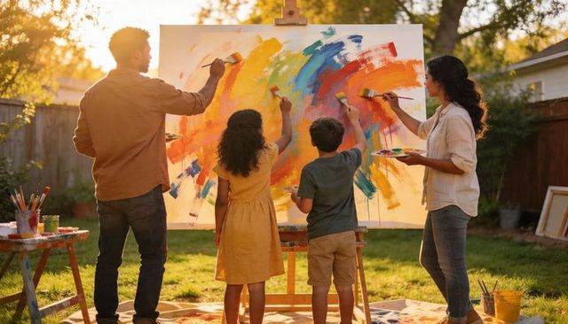 Family painting together on large canvas in backyard at golden hour