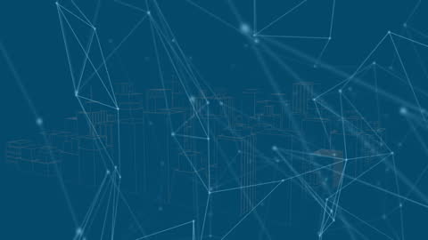 Futuristic Digital Network Over Skyscraper Cityscape on Blue Background