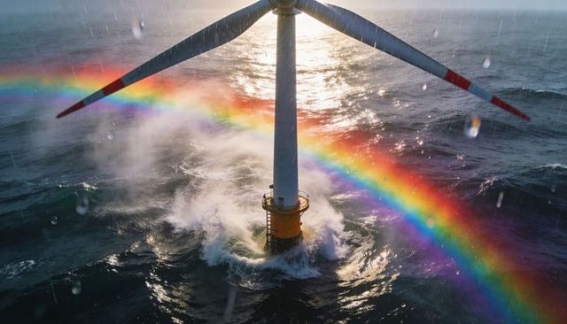 Rising offshore wind turbine turning blades during storm with rainbow over choppy ocean