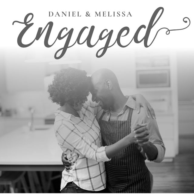 This heartwarming scene of an African American couple celebrating their engagement in a cozy kitchen showcases genuine joy and love. The happy moment can be used for engagement announcements, relationship blogs, or promotional materials for wedding services. Ideal for conveying themes of unity, romance, and true connection in various creative projects.