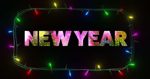 this image displays a vivid 'new year' text adorned with multicolored fairy lights on a dark background, perfect for greeting cards, party invitations, or festive event banners. the sparkling colors convey a lively and cheerful atmosphere typical of new year's celebrations.