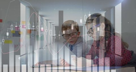 Children embracing digital learning with tablets and graphs