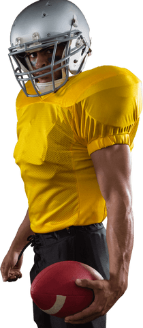 Confident football player in helmet holding ball transparent background