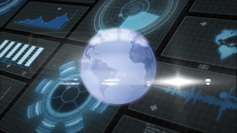 Rotating Blue Globe Over Data Interface Screens Studio Background