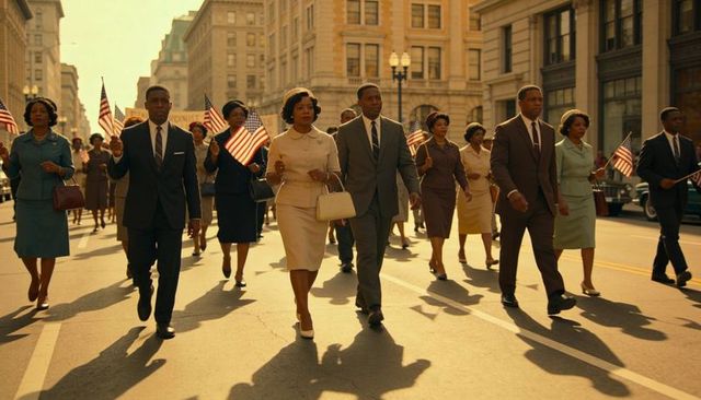 Midcentury black professionals marching with american flags through sunlit downtown street
