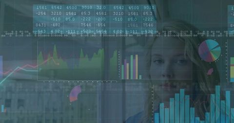 Woman Analyst Reviewing Financial Charts and Interactive Dashboard on Glass Wall