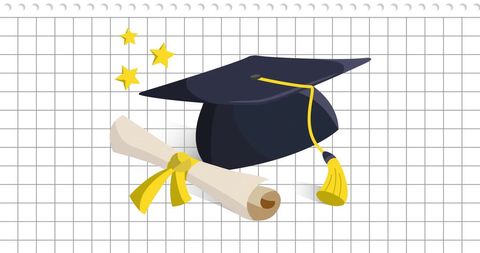 Graduation Cap with Diploma and Stars Over Grid Background