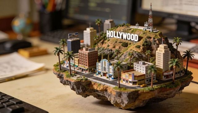 Floating hollywood miniature diorama hovering above desk showcasing detailed cityscape
