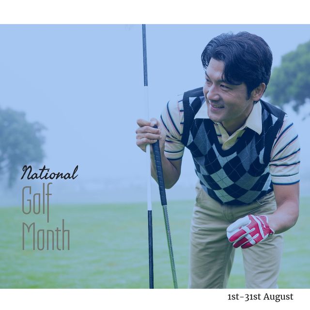 Asian mid adult man with flagstick, golf club and national golf month text with 1st-31st august text. digital composite, golf course, copy space, smiling, golf, sport and celebration concept.