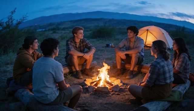 Friends gathering around campfire at dusk on hillside meadow with lit tent