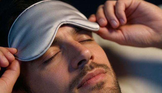 Man adjusting satin sleep mask while resting on pillow, relaxing in cozy nighttime sleep