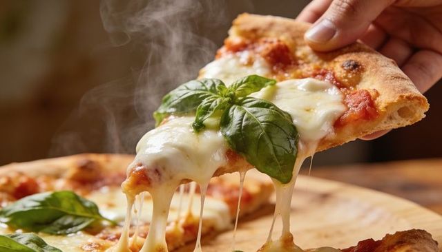 Hand pulling melty margherita pizza slice with steaming mozzarella and fresh basil